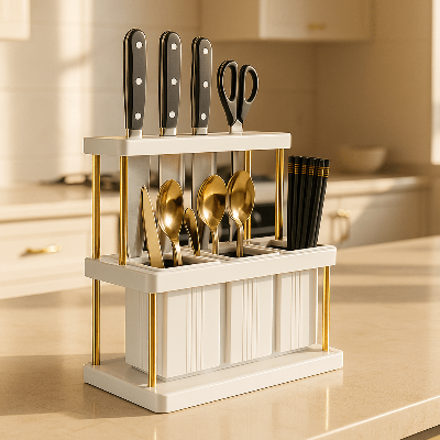 range couvert blanc sur comptoir de cuisine