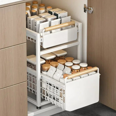 rangement coulissant cuisine avec tiroir du bas ouvert