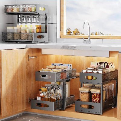 rangement cuisine coulissant sur comptoir ou sous évier