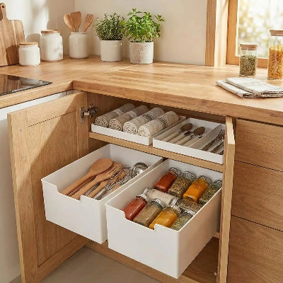 ustensiles et pots d'épices dans tiroir coulissant cuisine